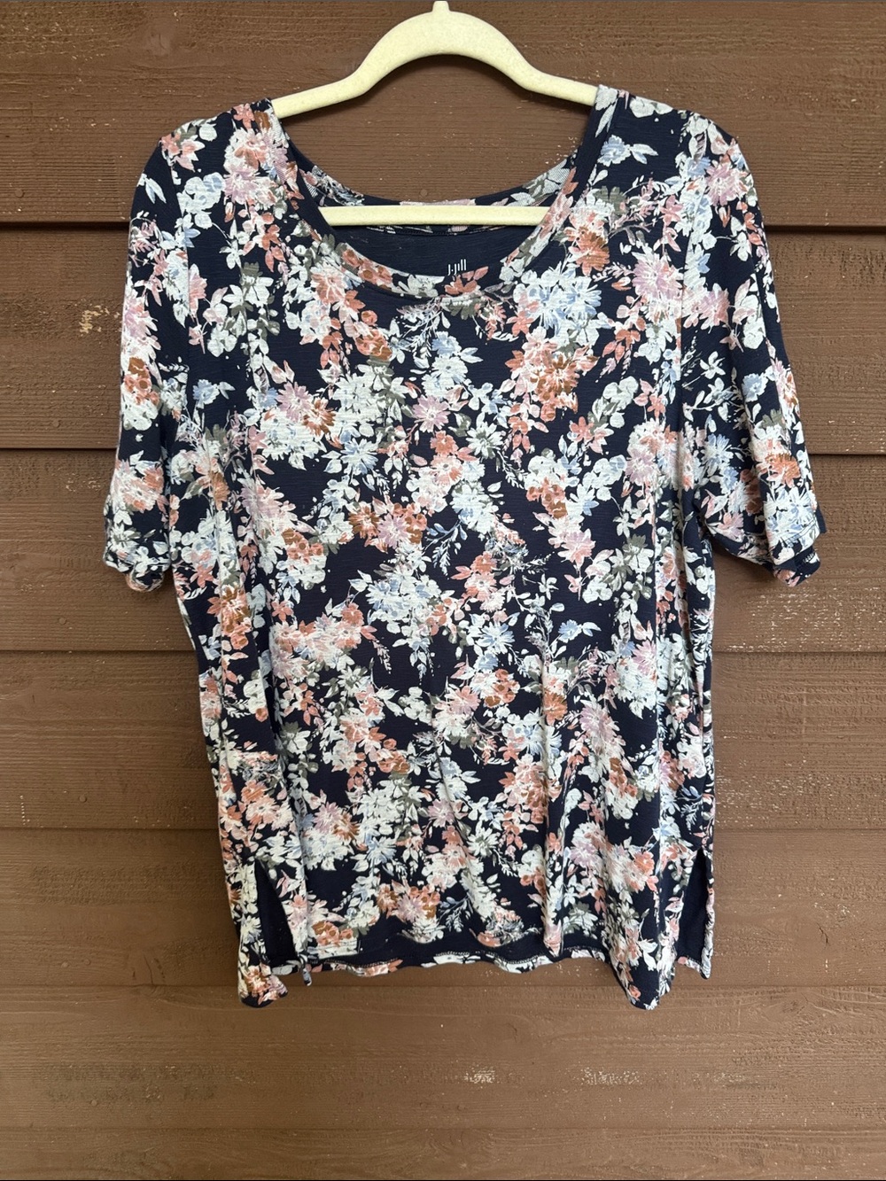 J. Jill Navy Pima Scoop Neck Floral Elbow Sleeve Tee size XL
